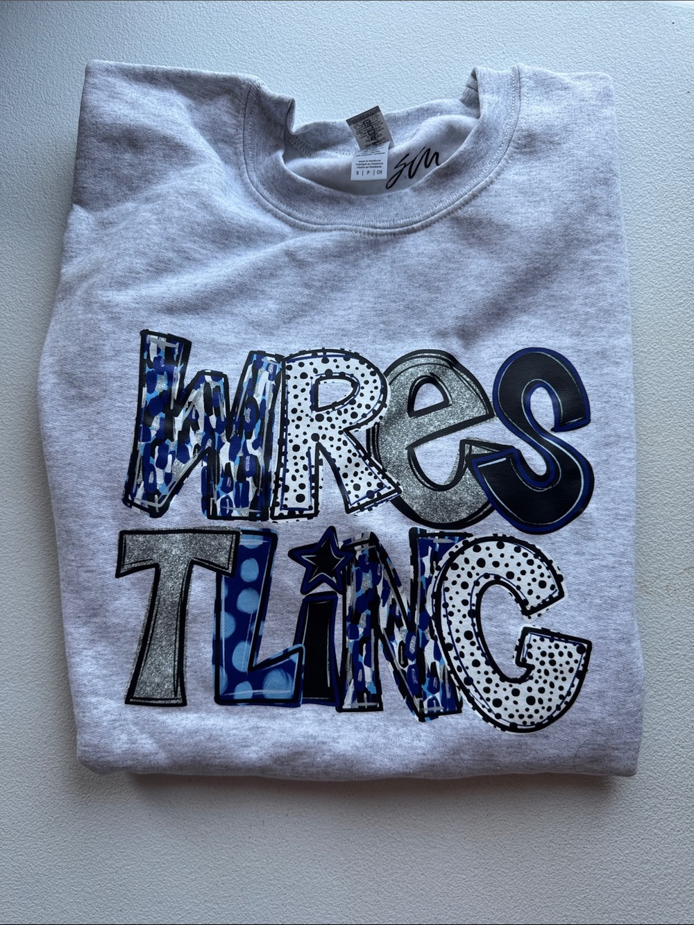 Gildan Light Gray Crewneck 'Wrestling' Graphic with Blue and Silver Accents